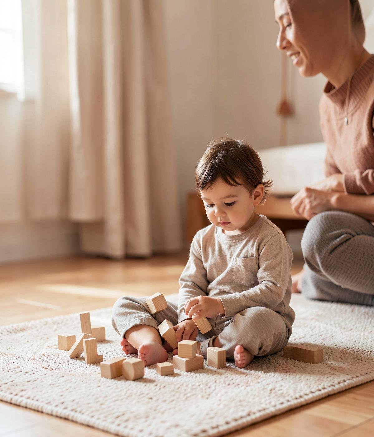 Criança pequena brincando tranquila com blocos de madeira enquanto a mãe acompanha por perto
